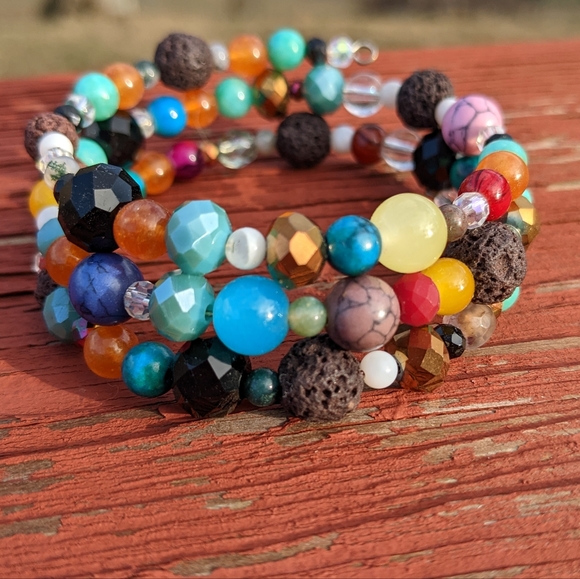 Hand Crafted Jewelry - LAVA STONE CRYSTALS Bracelet Gemstone Handmade Coil Wrapped Wire Colorful